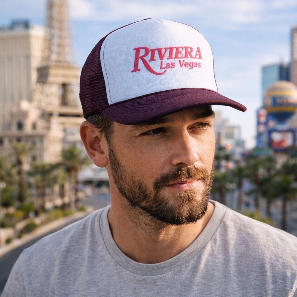 Vintage Riviera Las Vegas Trucker Hat Snapback Burgundy White‎ Mesh Casino Cap